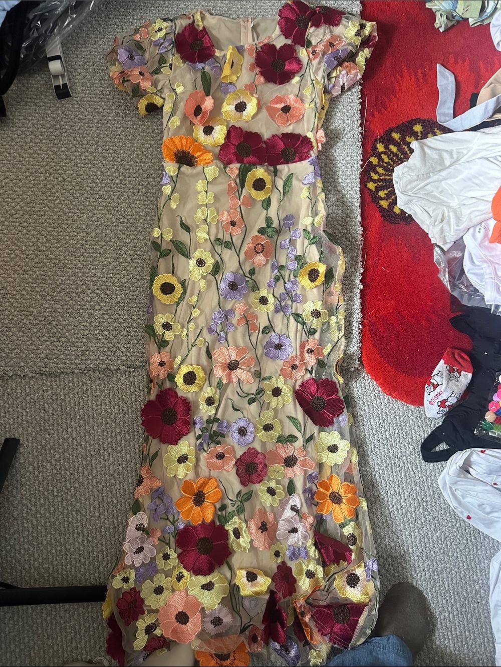 Never worn Floral Appliqué Sheer Maxi Dress in Nude with Multicolor Flowers